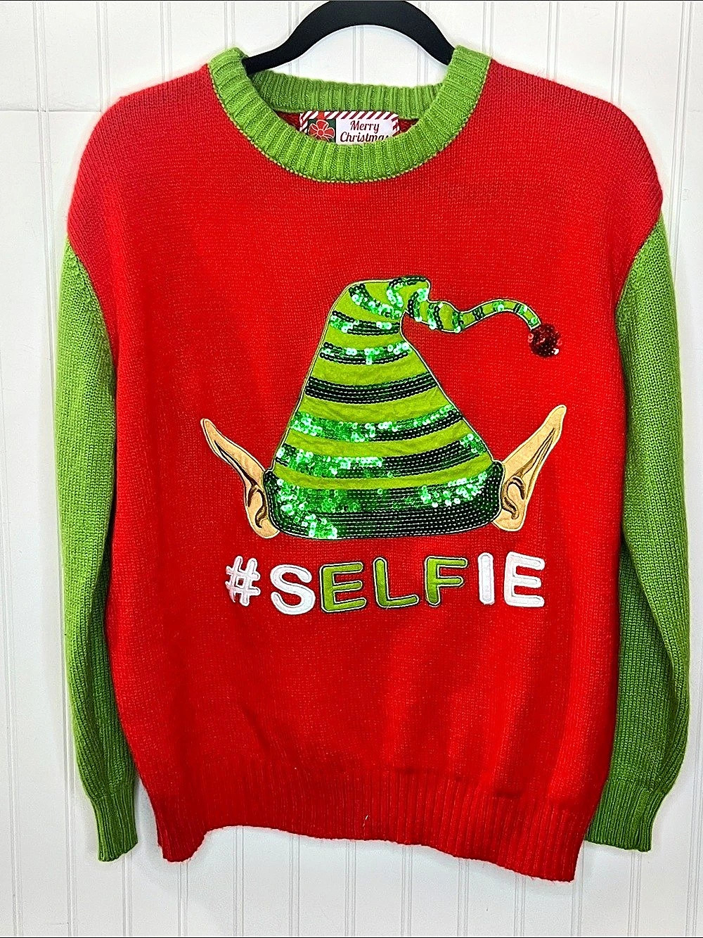 Merry Christmas #Selfie Christmas Sweater # Color Block Sweater in Red & Green